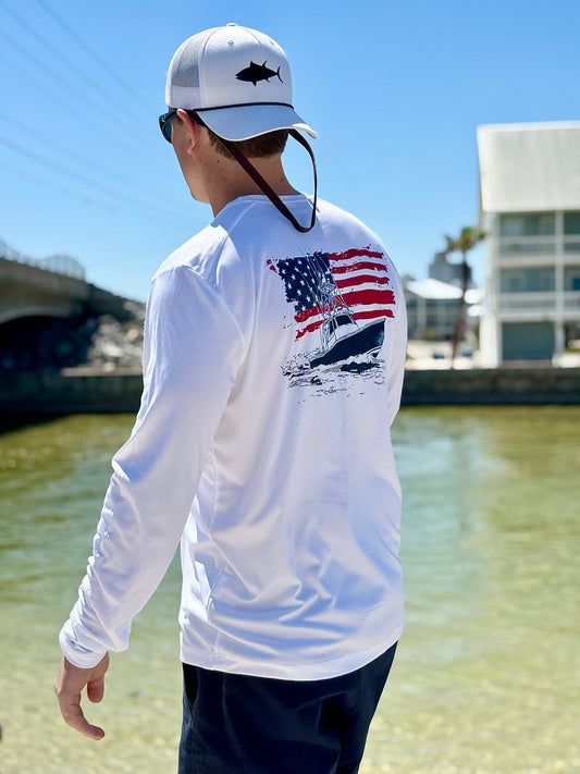 American flag boat long sleeve t-shirt